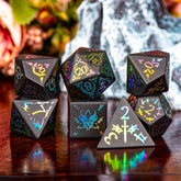 Heart of the Dragon’s Shadow Obsidian Dice Set – Handcrafted Natural Black Gemstone RPG Dice with Iridescent Engravings for D&D, Pathfinder & Collectors